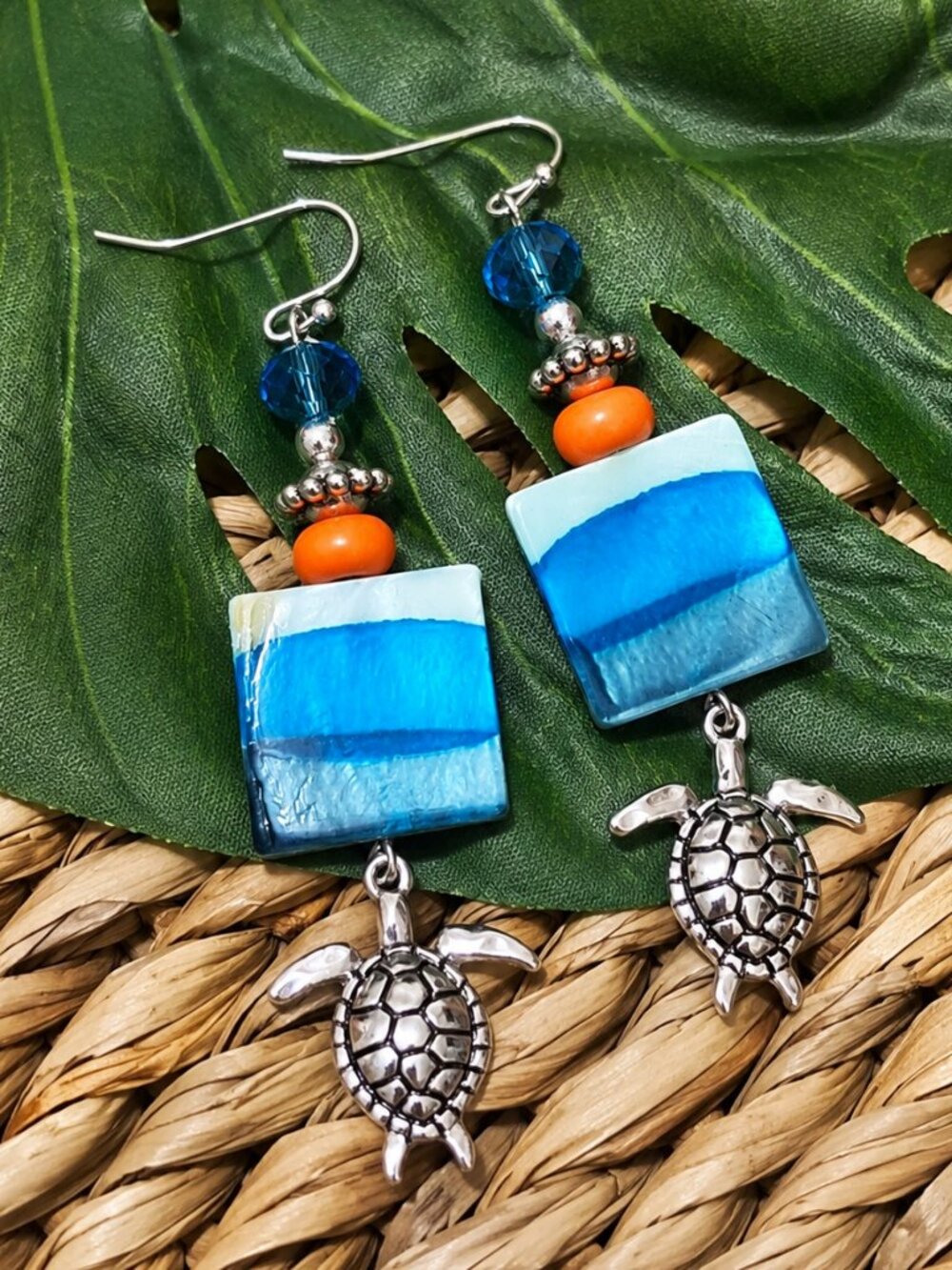 Artisan Hand Crafted Earrings, Turtles Silver Aqua Blue Orange Shell, Pierced